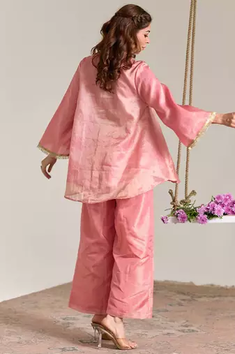 Rose pink embroidered kota tissue kurta set