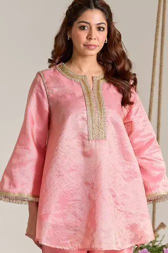 Rose pink embroidered kota tissue kurta set