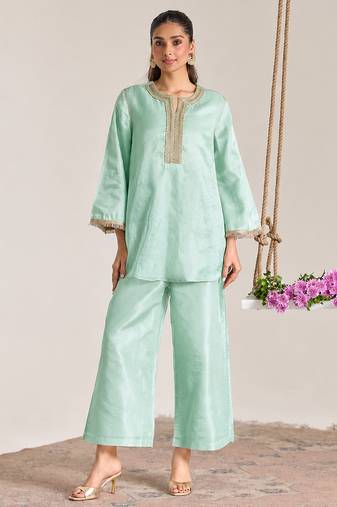 Mint green embroidered kota tissue kurta set