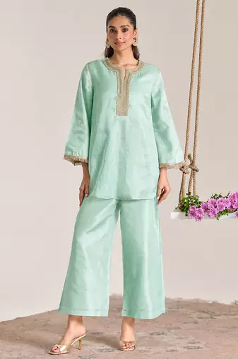 Mint green embroidered kota tissue kurta set