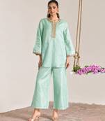 Mint green embroidered kota tissue kurta set