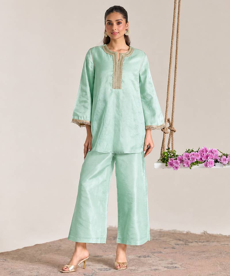 Mint green embroidered kota tissue kurta set