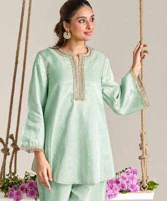 Mint green embroidered kota tissue kurta set 2