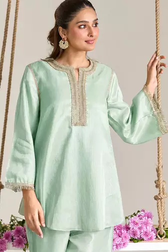 Mint green embroidered kota tissue kurta set