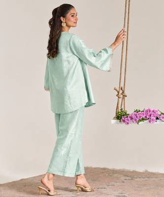 Mint green embroidered kota tissue kurta set 3
