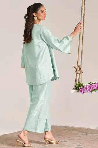 Mint green embroidered kota tissue kurta set