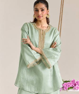 Mint green embroidered kota tissue kurta set 4