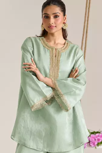 Mint green embroidered kota tissue kurta set