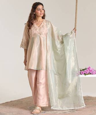 Rose mint pink embroidered kota tissue kurta set 1
