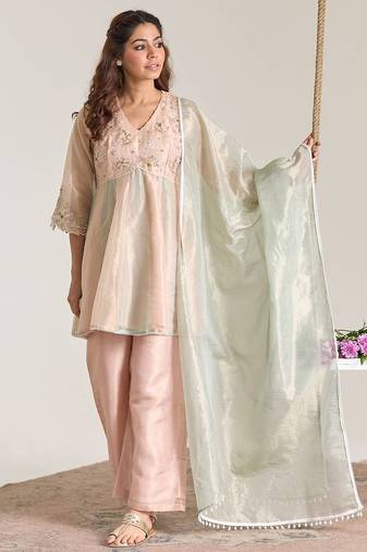 Rose mint pink embroidered kota tissue kurta set