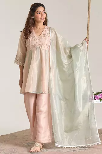 Rose mint pink embroidered kota tissue kurta set