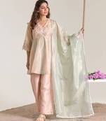 Rose mint pink embroidered kota tissue kurta set