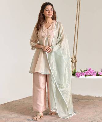 Rose mint pink embroidered kota tissue kurta set 2