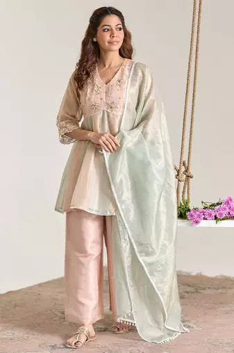 Rose mint pink embroidered kota tissue kurta set