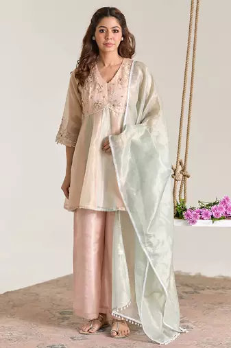 Rose mint pink embroidered kota tissue kurta set
