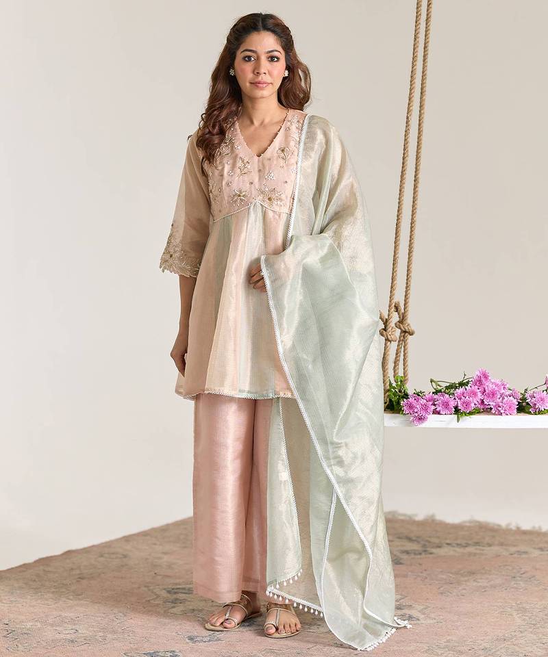 Rose mint pink embroidered kota tissue kurta set