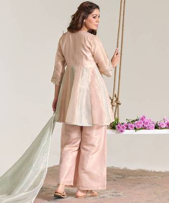 Rose mint pink embroidered kota tissue kurta set 4