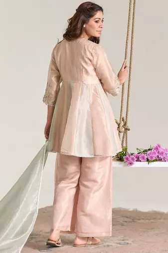 Rose mint pink embroidered kota tissue kurta set