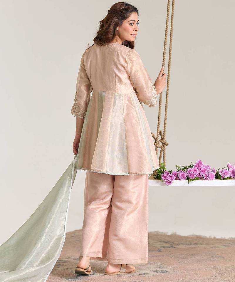Rose mint pink embroidered kota tissue kurta set