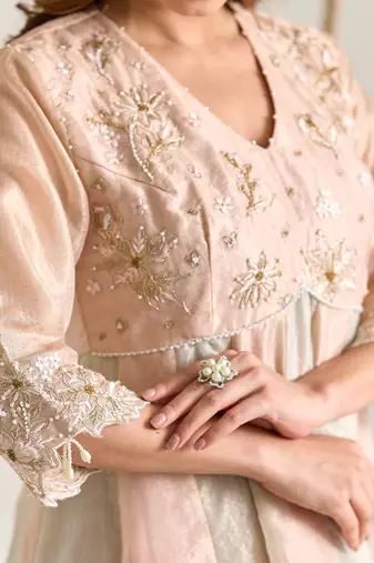 Rose mint pink embroidered kota tissue kurta set