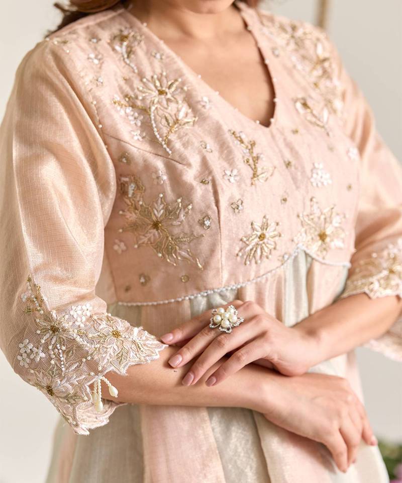 Rose mint pink embroidered kota tissue kurta set