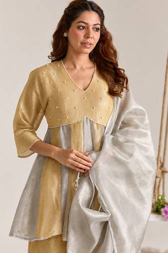 Golden silver embroidered kota tissue kurta set