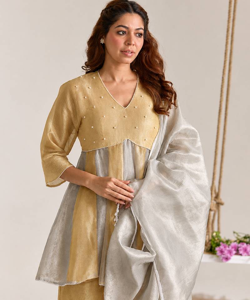 Golden silver embroidered kota tissue kurta set