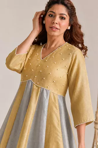 Golden silver embroidered kota tissue kurta set
