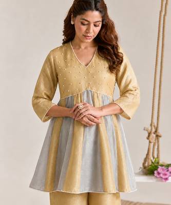 Golden silver embroidered kota tissue kurta set 3