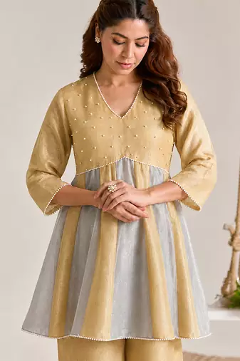 Golden silver embroidered kota tissue kurta set