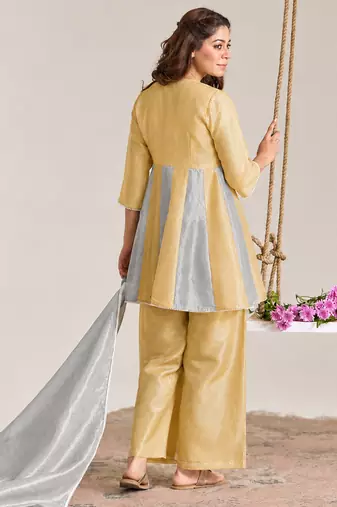 Golden silver embroidered kota tissue kurta set
