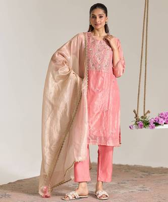 Pink embroidered kota tissue kurta set 1