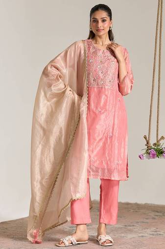 Pink embroidered kota tissue kurta set