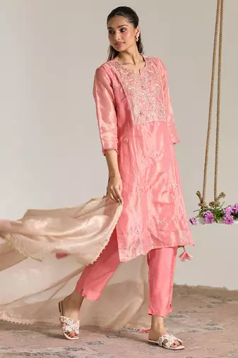 Pink embroidered kota tissue kurta set