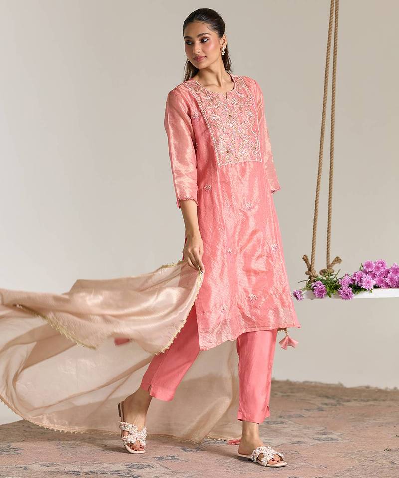 Pink embroidered kota tissue kurta set