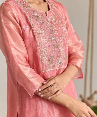 Pink embroidered kota tissue kurta set 3