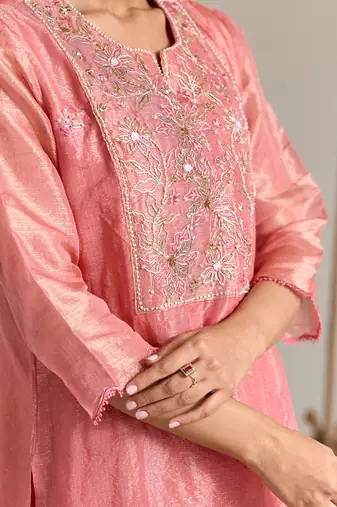 Pink embroidered kota tissue kurta set