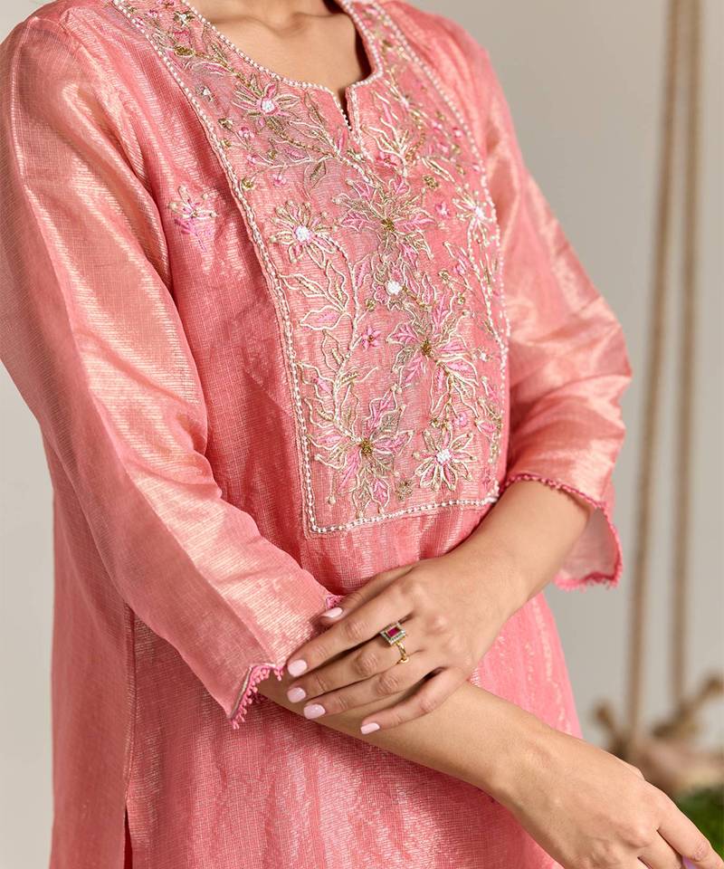 Pink embroidered kota tissue kurta set