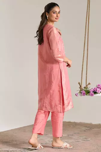 Pink embroidered kota tissue kurta set