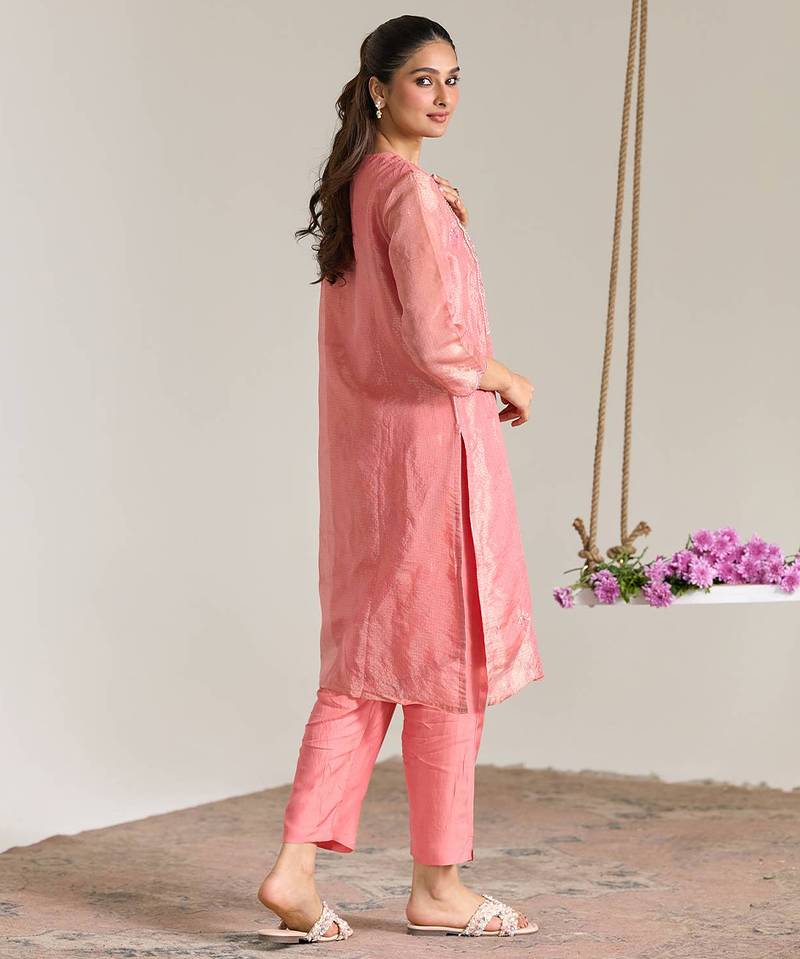Pink embroidered kota tissue kurta set