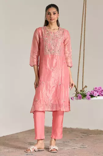 Pink embroidered kota tissue kurta set