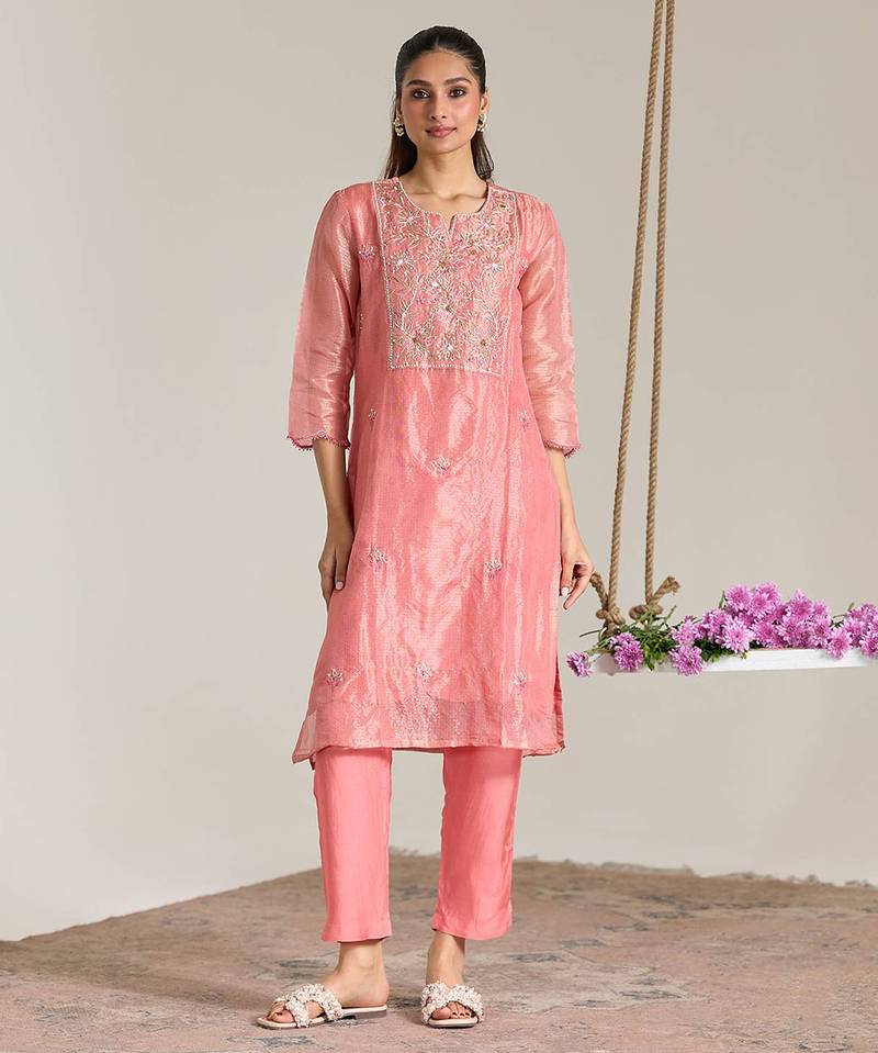 Pink embroidered kota tissue kurta set
