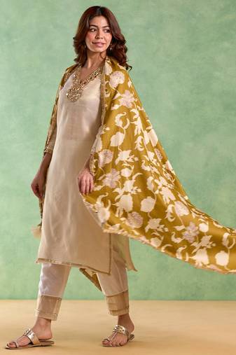Golden embroidered chanderi stripe kurta set