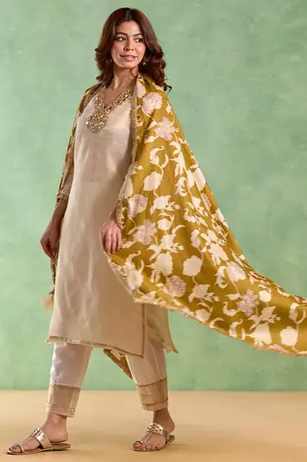 Golden embroidered chanderi stripe kurta set
