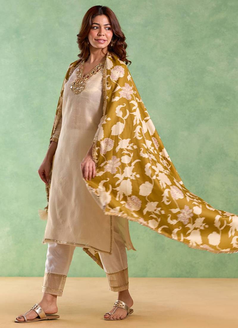 Golden embroidered chanderi stripe kurta set