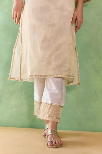 Golden embroidered chanderi stripe kurta set