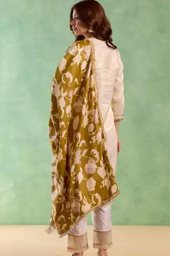 Golden embroidered chanderi stripe kurta set
