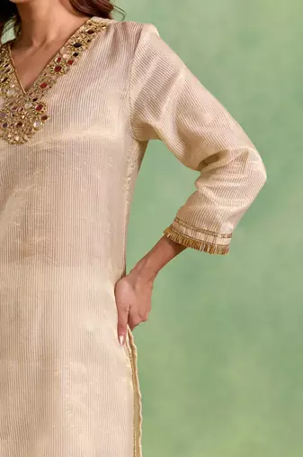 Golden embroidered chanderi stripe kurta set