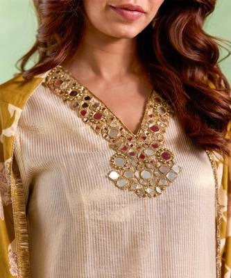 Golden embroidered chanderi stripe kurta set 5