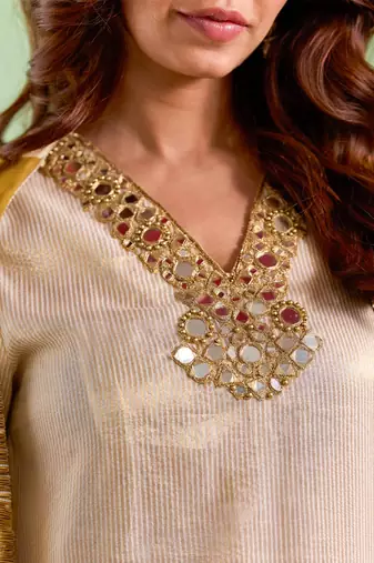 Golden embroidered chanderi stripe kurta set